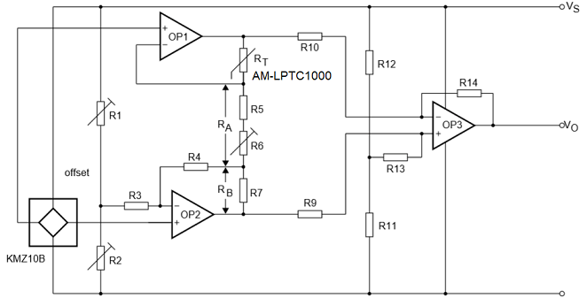 Evaluation circuit diagram with AM-LPTC1000 instrumentation amplifier