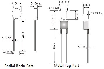 PTC Thermistor Limit Temperature Sensor Dimension, Radial Resin & Metal Tag
