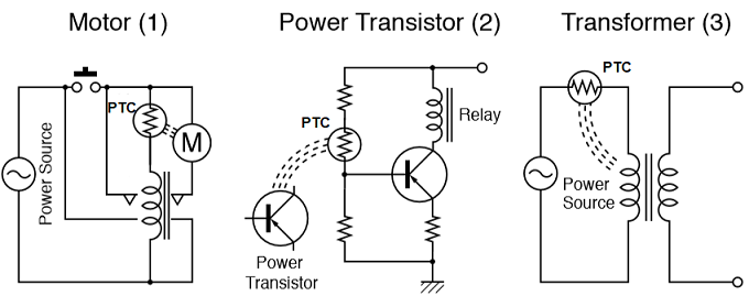 PTC Thermistors temperature protection circuit example for motor transistor transformer