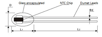 Radial glass NTC thermistor engineering drawing