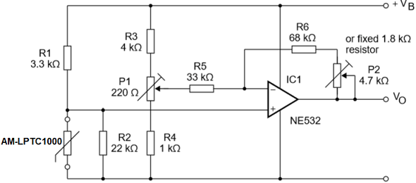 Temperature measuring circuit diagram using a AM-LPTC1000 silicon sensor