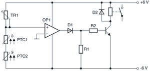Circuit with 2 PTC sensors for 2 hot spots limit temperatures monitoring