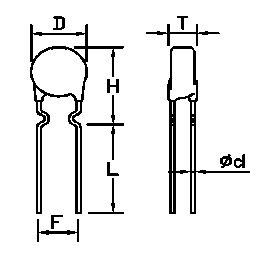 PTC Thermistor Inner Kinked Lead Coated Disk Drawing
